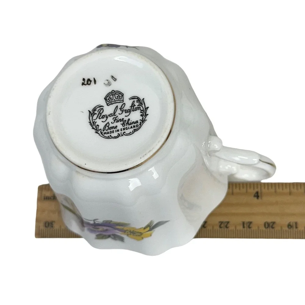 VTG Royal Grafton Tea Cup Saucer Purple Floral Scalloped Bone China England Gold